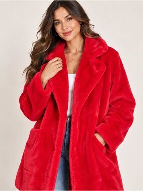 Women's Red Faux Fur Teddy Coat - Chic Plush Outerwear